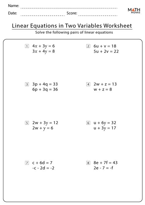 linear equation in two variables worksheet with answers
